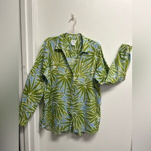 Sigrid Olsen Linen Green and Blue Tropical Leaf Print Shirt